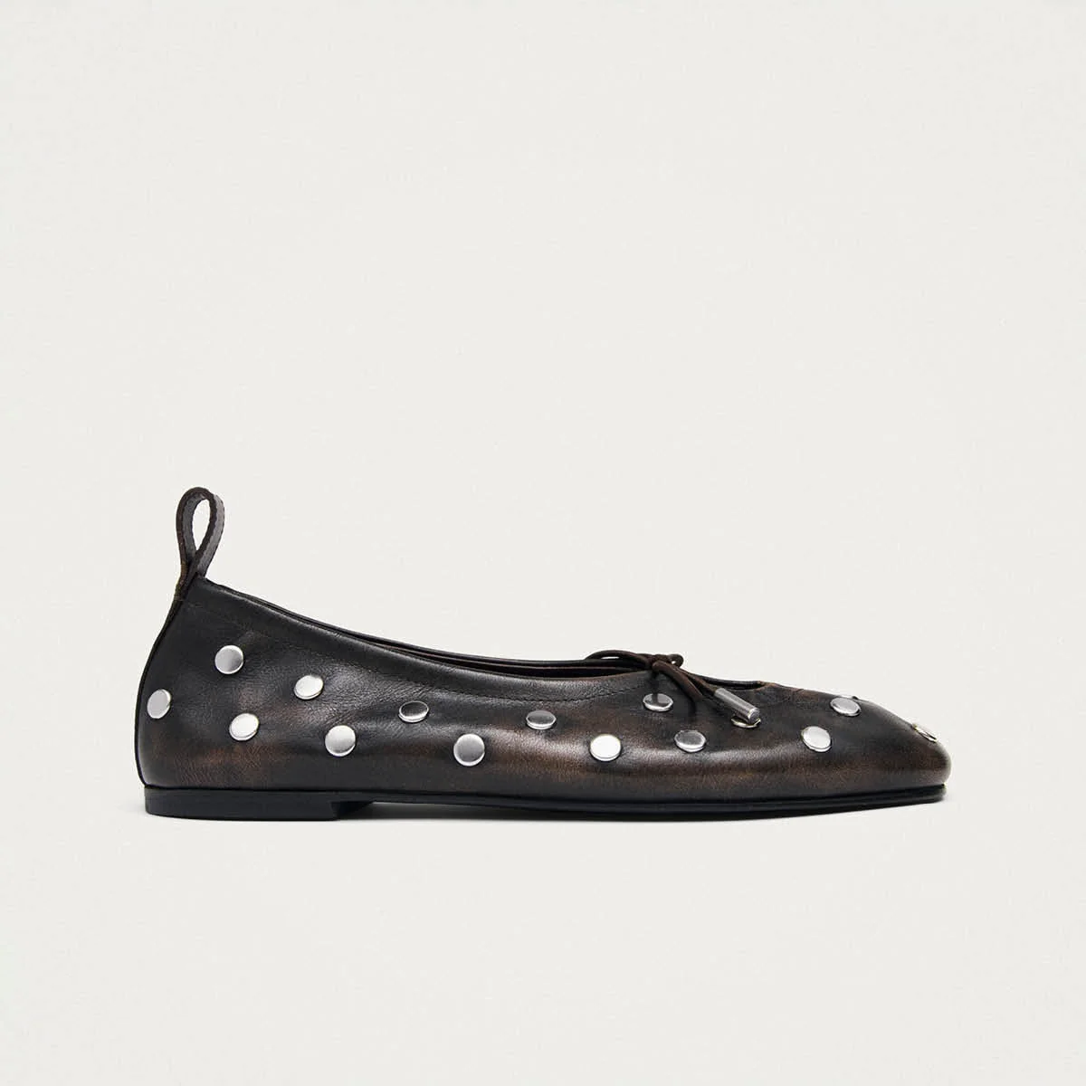 Rosalind All Studs Vintage Effect Brown Leather Ballet Flats - Image 3