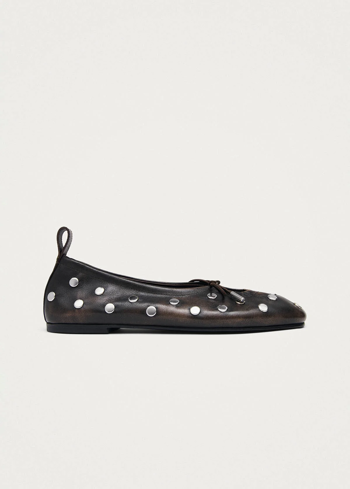 Rosalind All Studs Vintage Effect Brown Leather Ballet Flats - Image 4