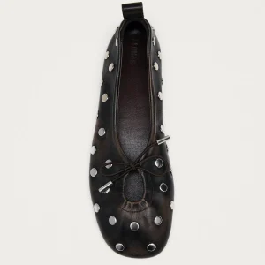 Rosalind All Studs Vintage Effect Brown Leather Ballet Flats