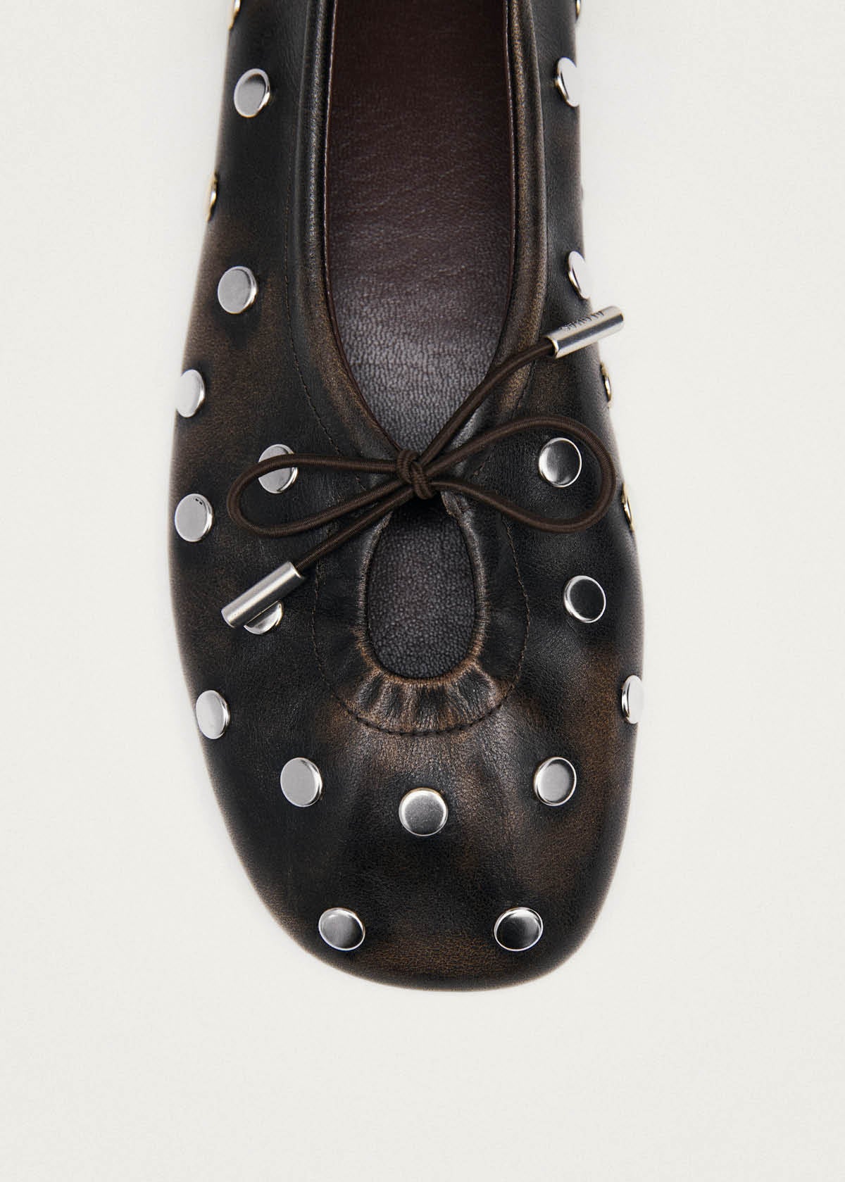 Rosalind All Studs Vintage Effect Brown Leather Ballet Flats - Image 6