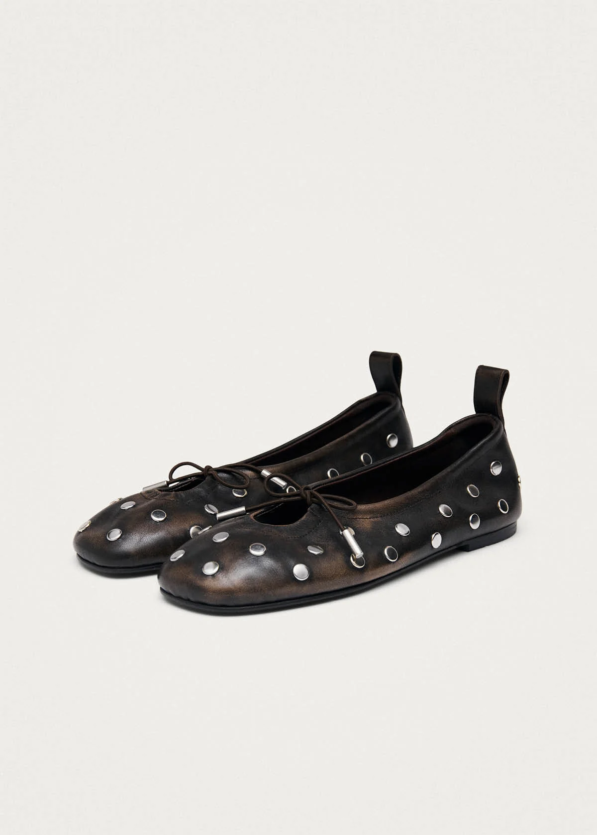 Rosalind All Studs Vintage Effect Brown Leather Ballet Flats - Image 5