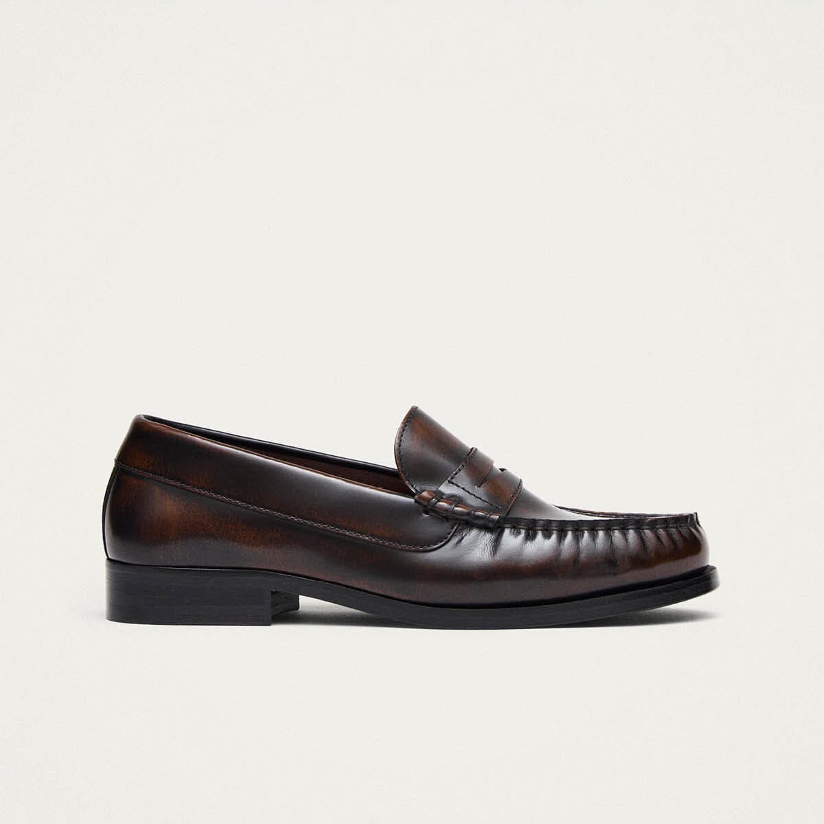Rivet Vintage Effect Coffee Brown Leather Loafers - Image 3